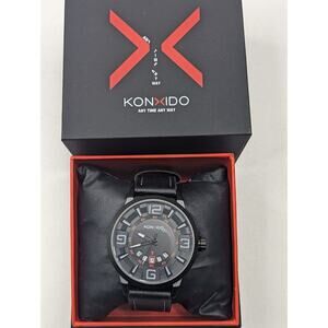 KONXIDO Mens Black Red Accents w/ black Leather Band Analog Quartz Watch KX6331